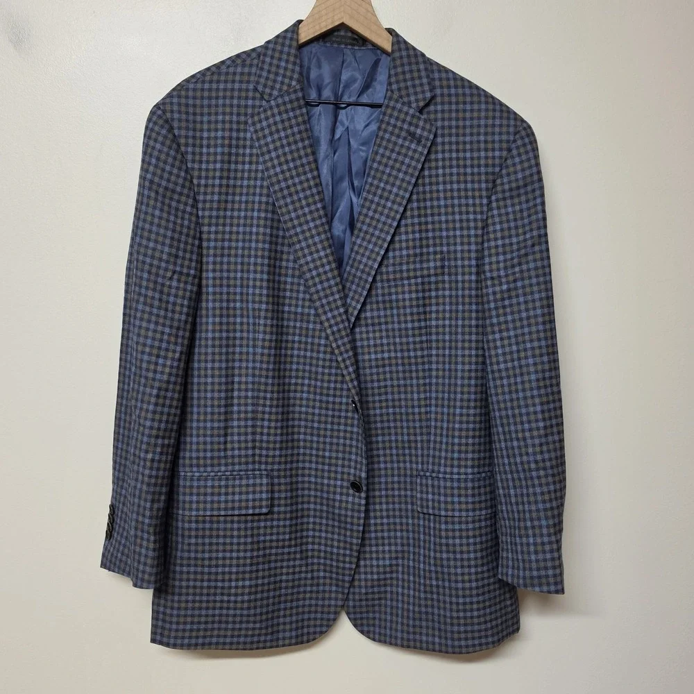 Hart Schaffner Marx Guabello Blazer 48R 100% Wool Blue Brown Plaid Sport Coat